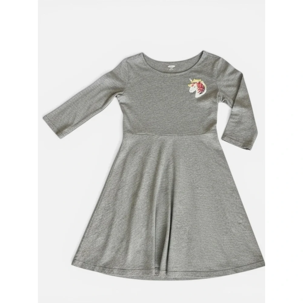 Old‎ Navy Girls Gray Sequin Unicorn Skater Dress 3/4 Sleeve Size M 8